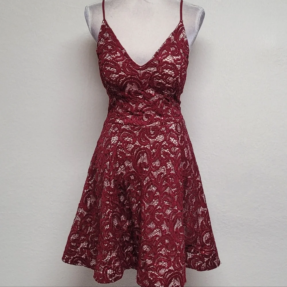 My Michelle Vintage Y2K Crimson Paisley Floral Lace Plunging Neckline Mini Dress